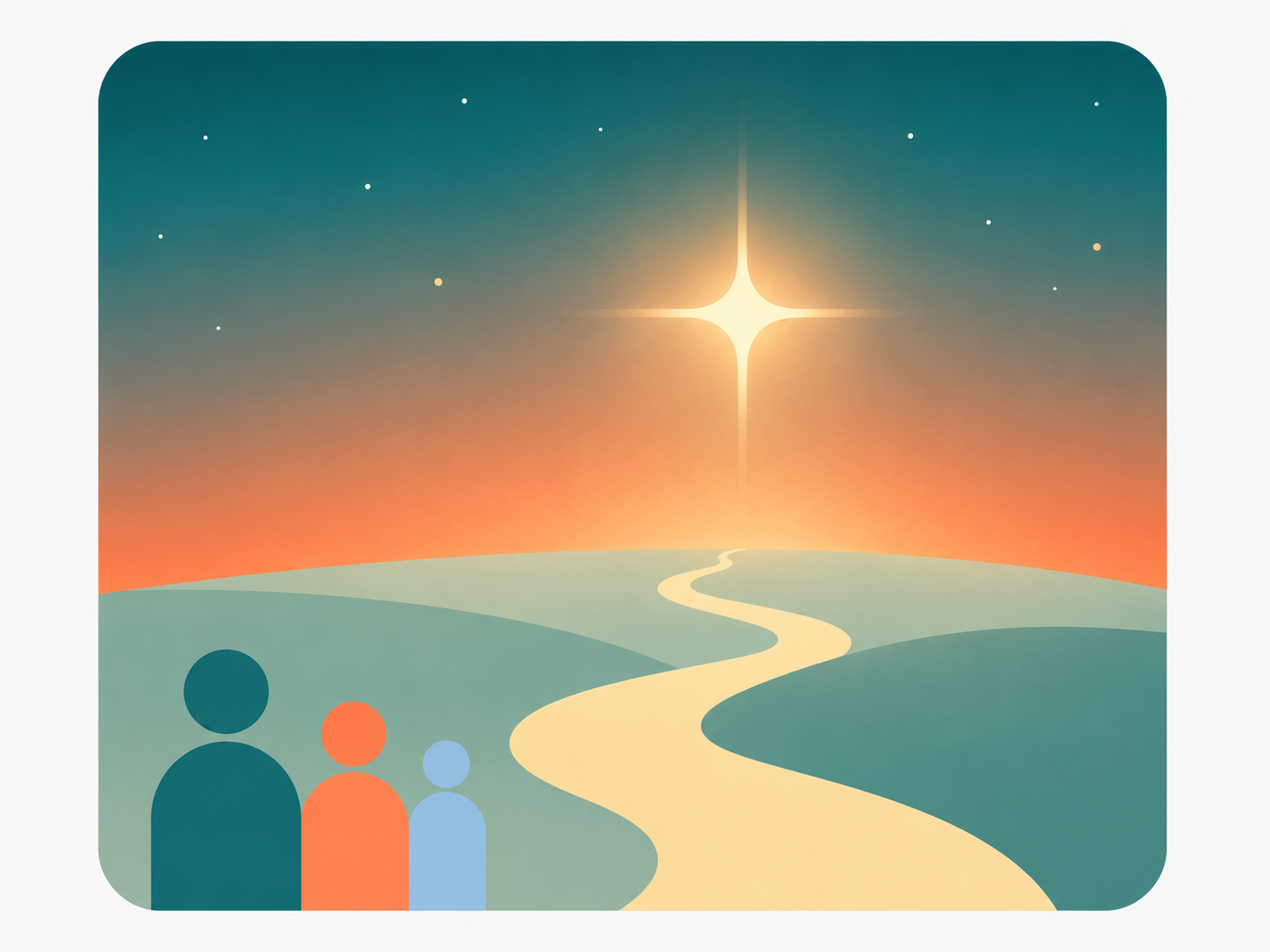 Three figures standing at the start of a winding path leading toward a bright north star at the horizon